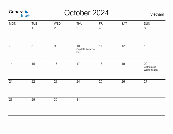 Printable October 2024 Calendar for Vietnam