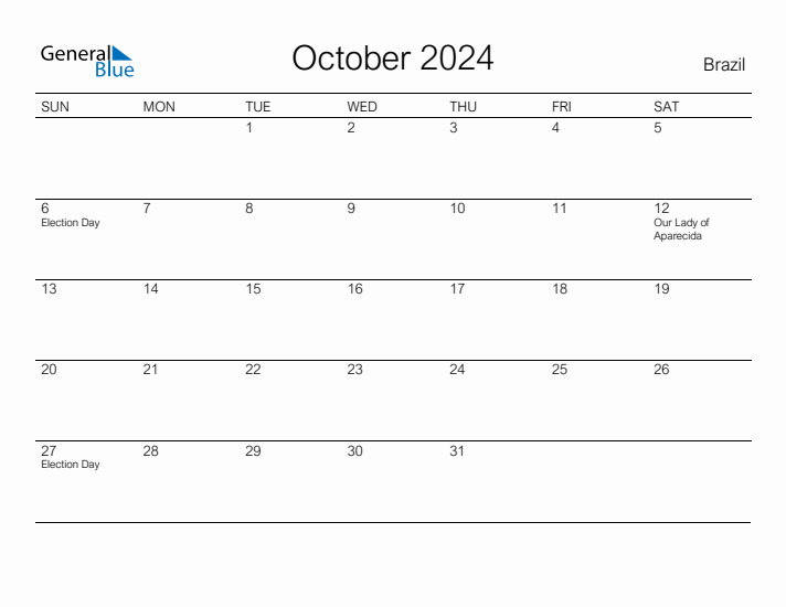 Printable October 2024 Calendar for Brazil