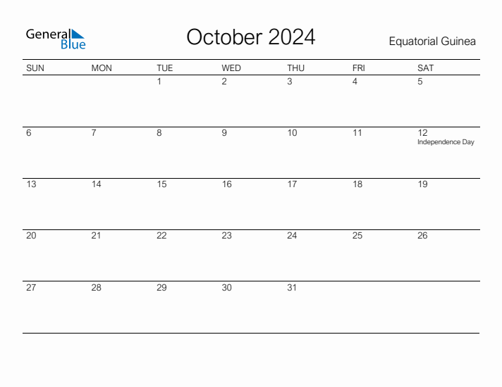 Printable October 2024 Calendar for Equatorial Guinea