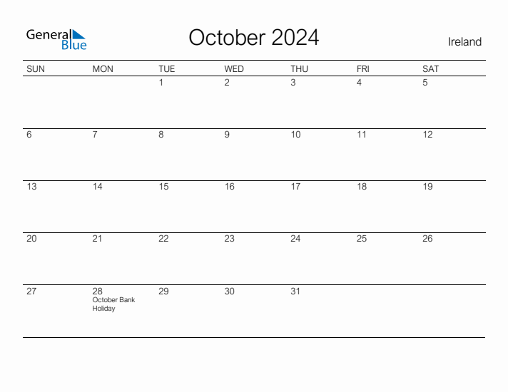 Printable October 2024 Calendar for Ireland