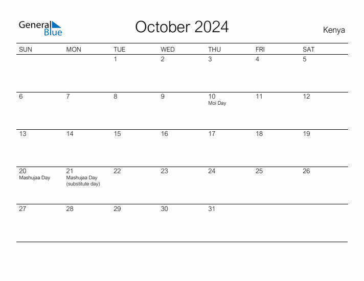 Printable October 2024 Calendar for Kenya