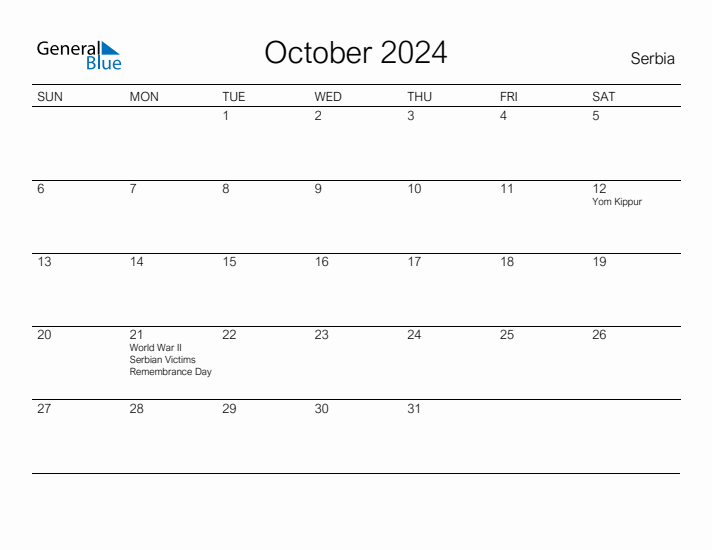 Printable October 2024 Calendar for Serbia