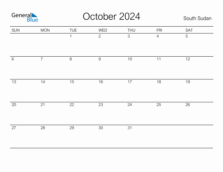 Printable October 2024 Monthly Calendar with Holidays for South Sudan