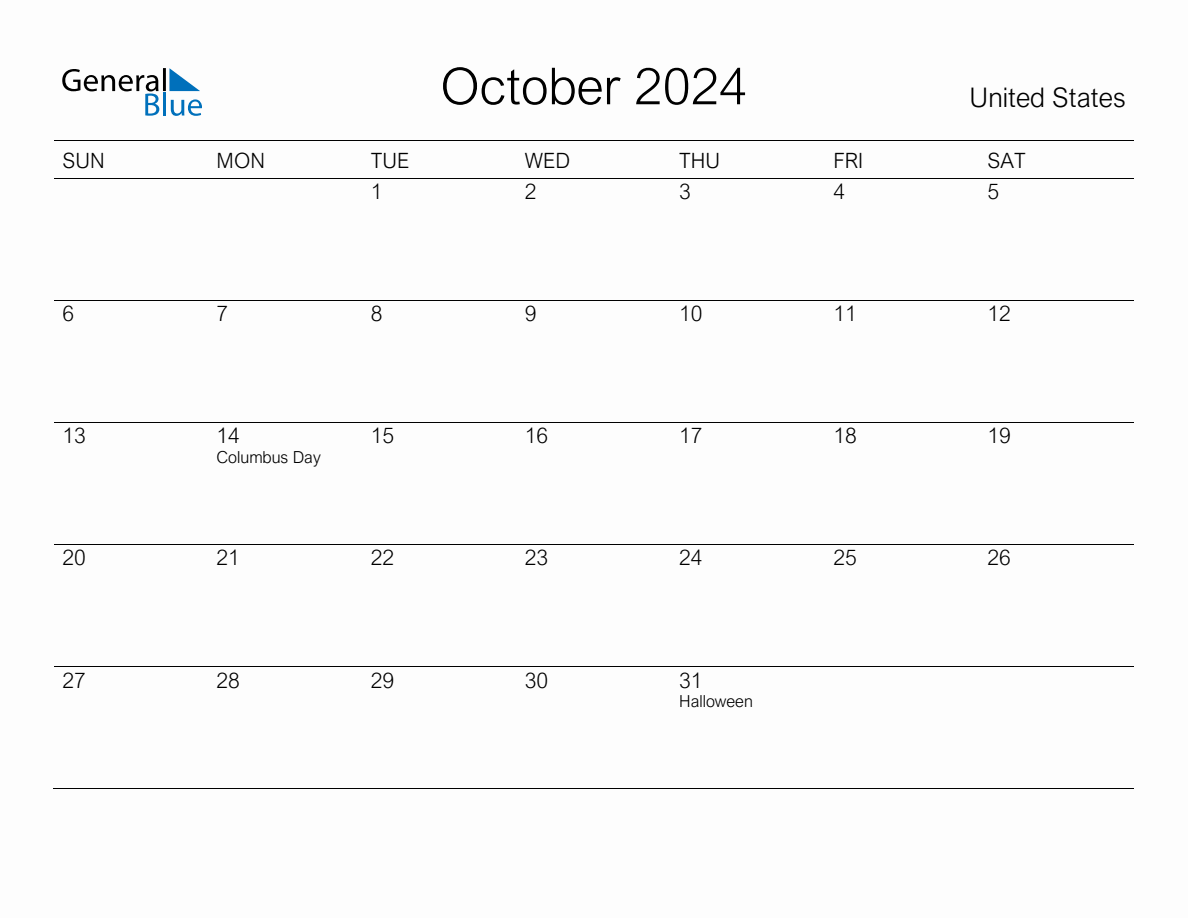 Printable October 2024 Monthly Calendar with Holidays for United States