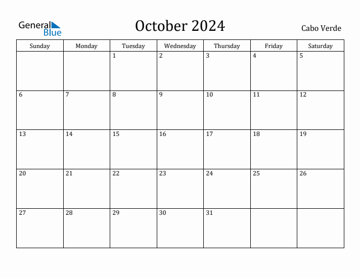 October 2024 Monthly Calendar with Cabo Verde Holidays