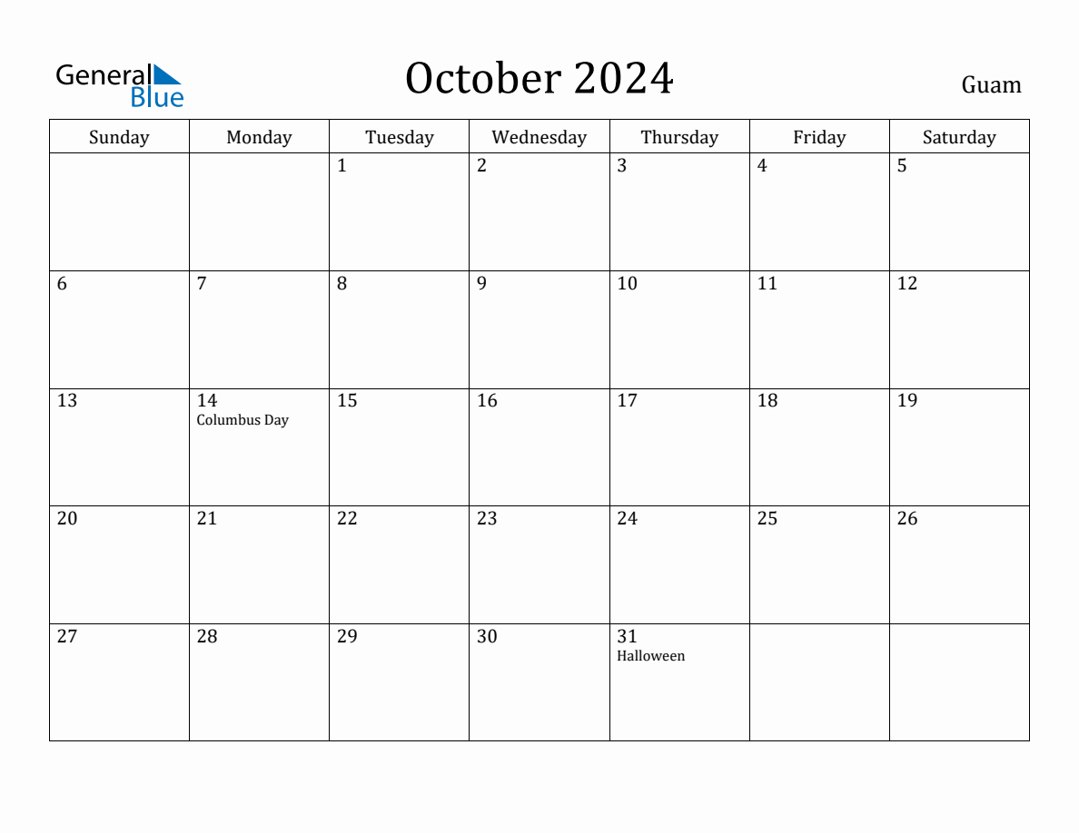 October 2024 Monthly Calendar with Guam Holidays