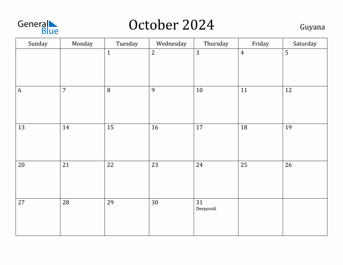 October 2024 Monthly Calendar with Guyana Holidays