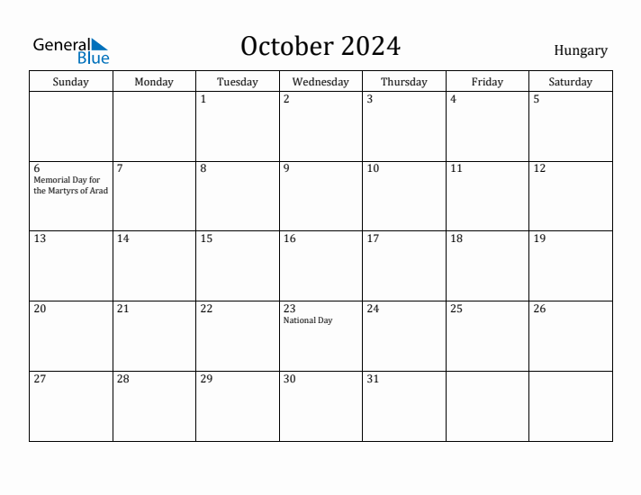 October 2024 Monthly Calendar with Hungary Holidays