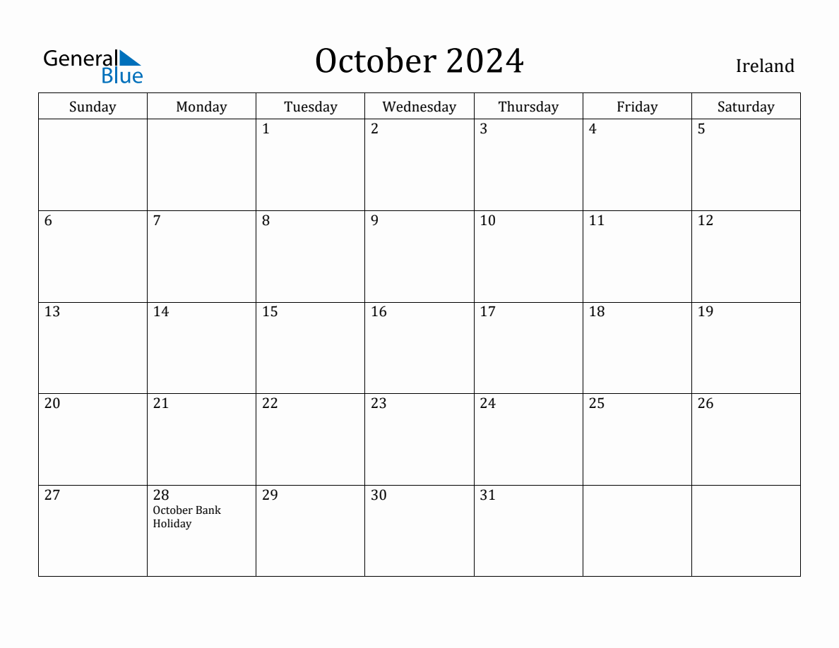 October 2024 Monthly Calendar with Ireland Holidays