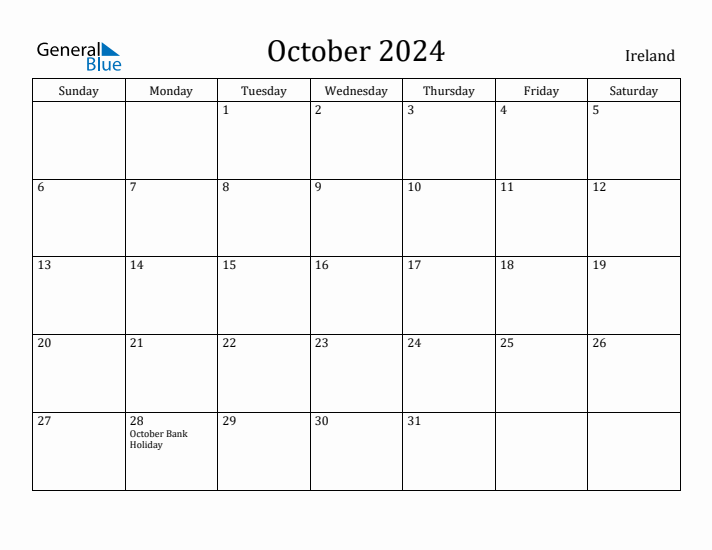 October 2024 Monthly Calendar with Ireland Holidays