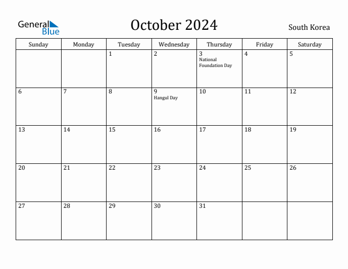 October 2024 Monthly Calendar with South Korea Holidays