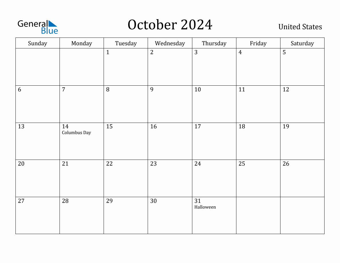 October 2024 Monthly Calendar with United States Holidays