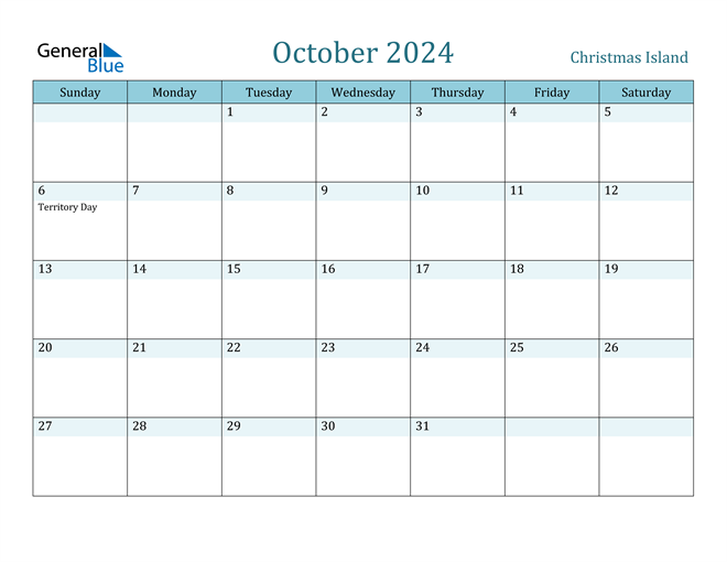 Christmas Island October 2024 Calendar with Holidays