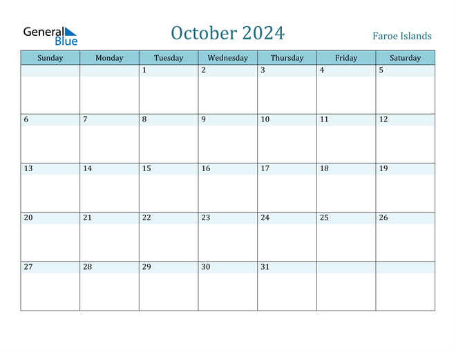 Faroe Islands October 2024 Calendar with Holidays