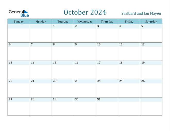 Svalbard and Jan Mayen October 2024 Calendar with Holidays