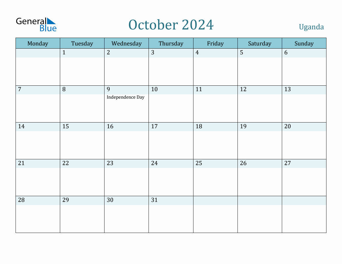 Uganda Holiday Calendar for October 2024