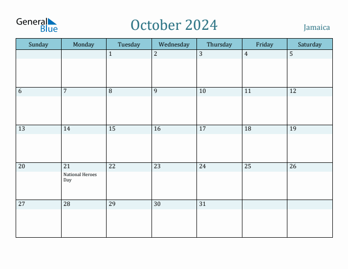 October 2024 Monthly Calendar with Jamaica Holidays