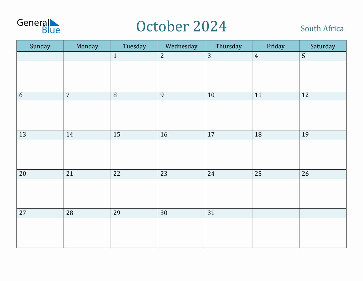 South Africa Holiday Calendar for October 2024