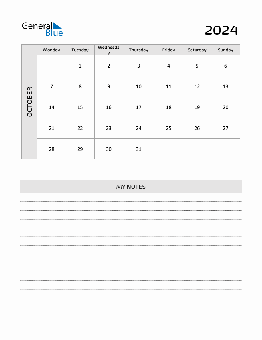 October 2024 Printable Monthly Calendar with Notes