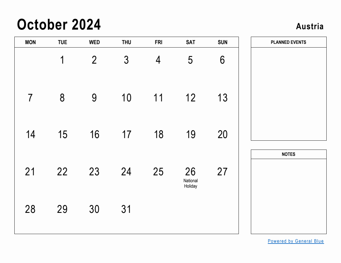 October 2024 Planner with Austria Holidays