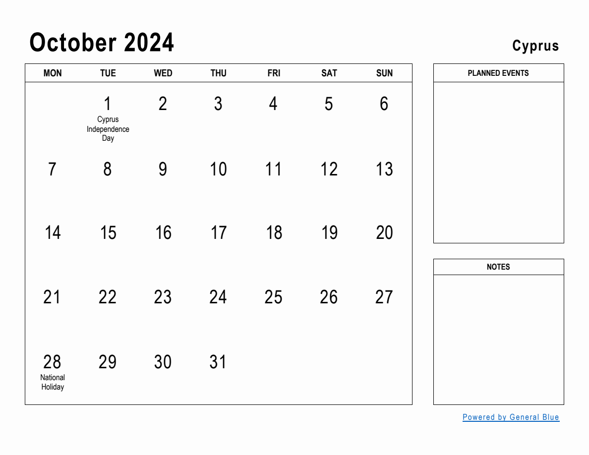 October 2024 Planner with Cyprus Holidays