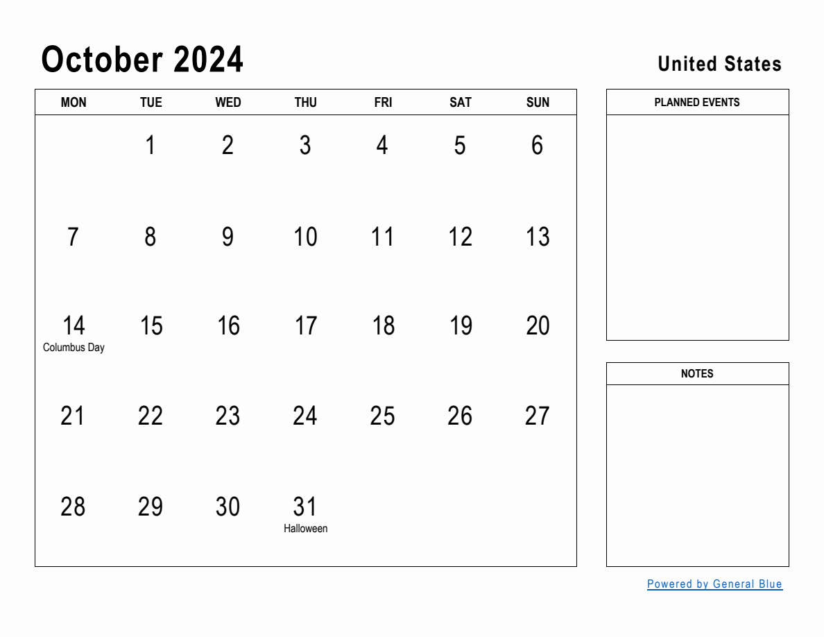 October 2024 Planner with United States Holidays