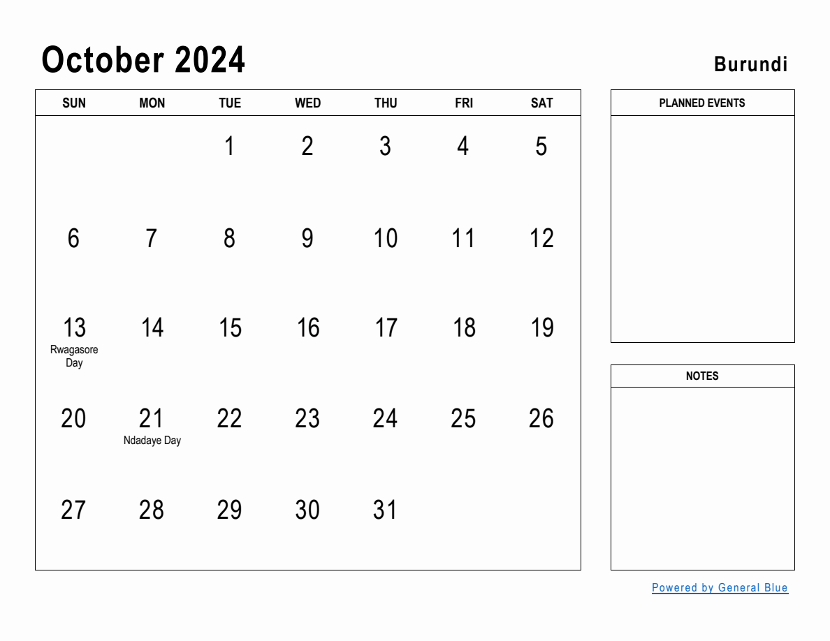 October 2024 Planner with Burundi Holidays