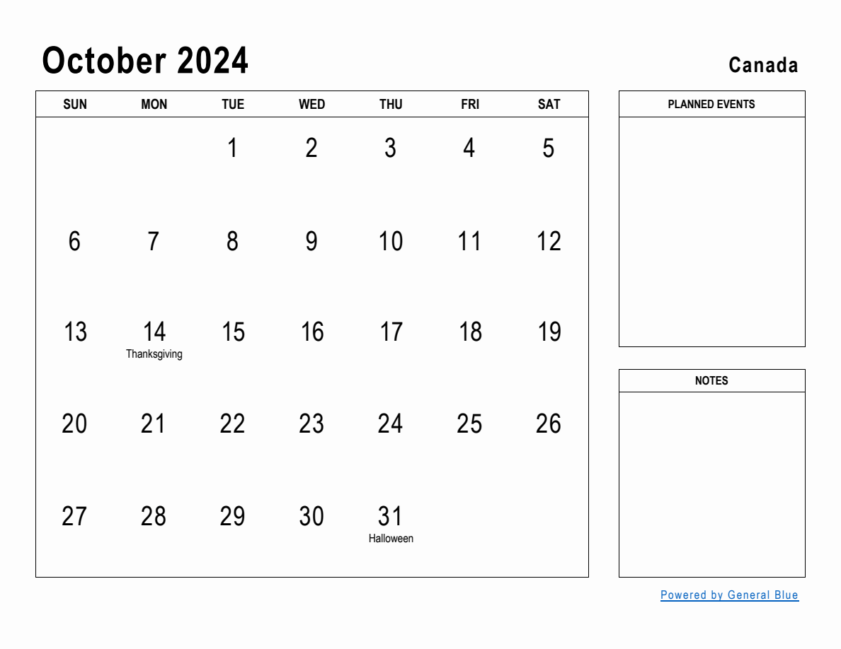 October 2024 Planner with Canada Holidays