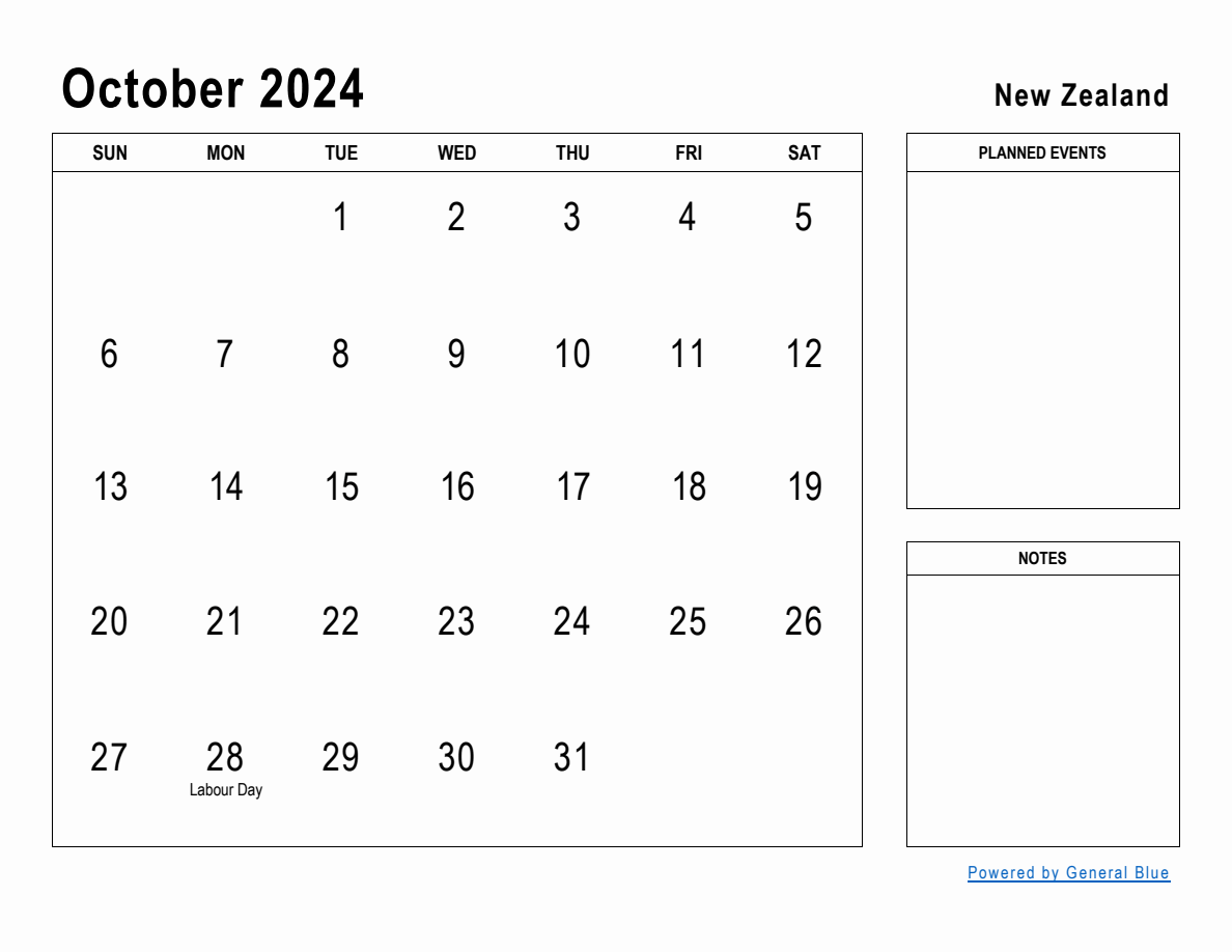 October 2024 Planner with New Zealand Holidays