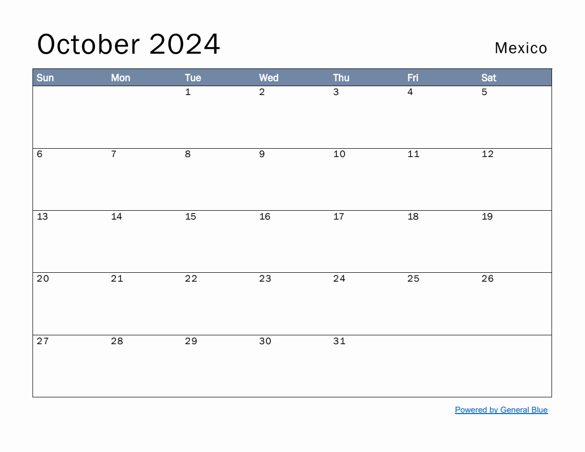 Free Monthly Calendar Template For October 2024 With Mexico Holidays