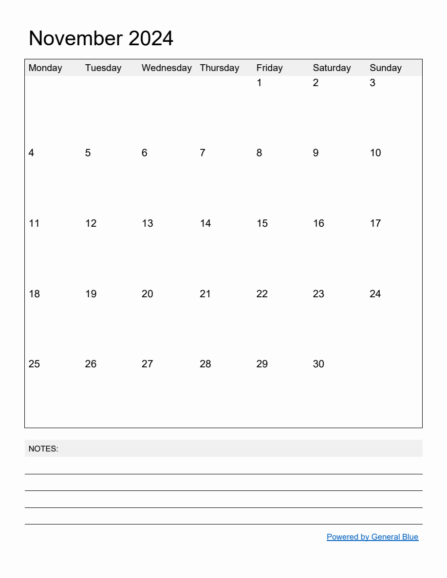 Free Printable Monthly Calendar for November 2024