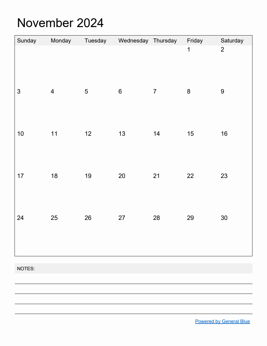 Free Printable Monthly Calendar for November 2024