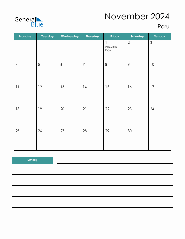 Calendar with Notes Printable - Monday Start