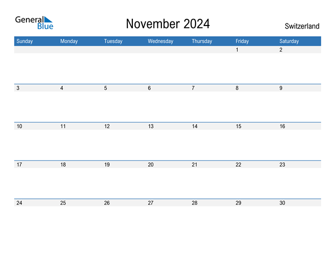 Switzerland November 2024 Calendar with Holidays