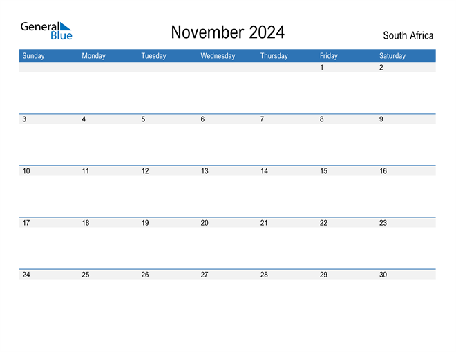 South Africa November 2024 Calendar with Holidays