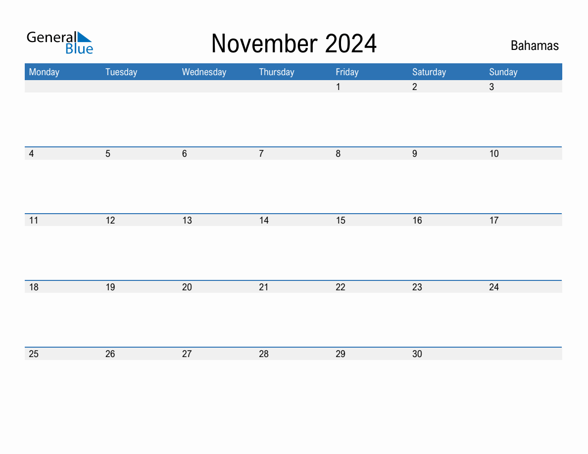 Editable November 2024 Calendar with Bahamas Holidays