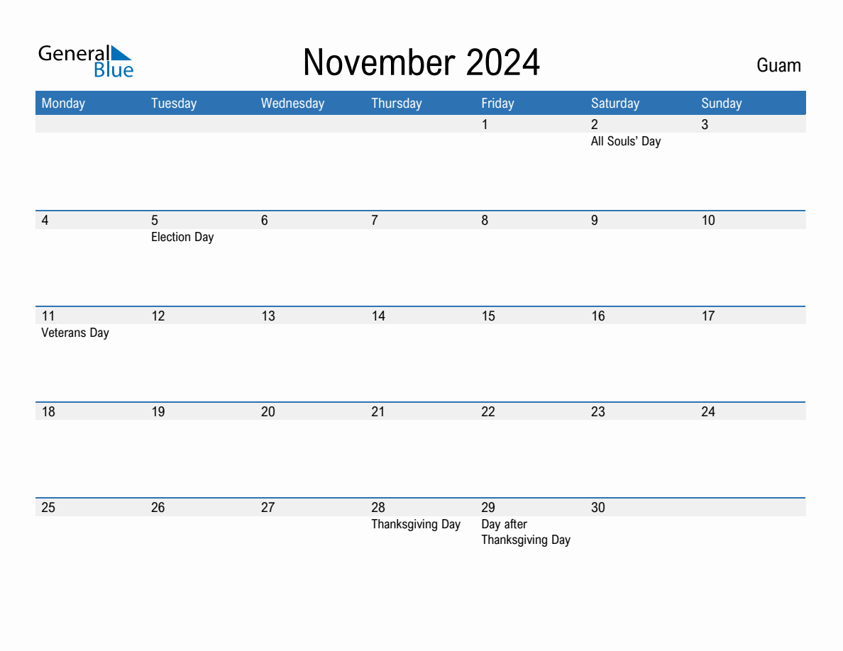 Editable November 2024 Calendar with Guam Holidays