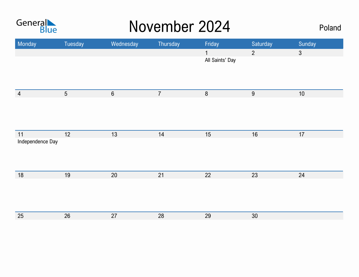 Editable November 2024 Calendar with Poland Holidays