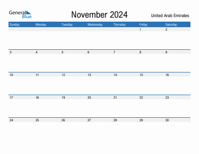 Current month calendar with United Arab Emirates holidays for November 2024