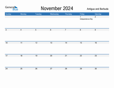 Current month calendar with Antigua and Barbuda holidays for November 2024