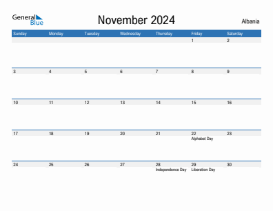 Current month calendar with Albania holidays for November 2024