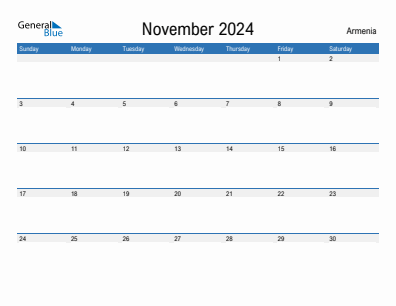 Current month calendar with Armenia holidays for November 2024