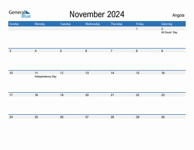 Current month calendar with Angola holidays for November 2024