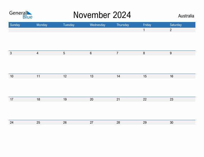 Editable November 2024 Calendar with Australia Holidays