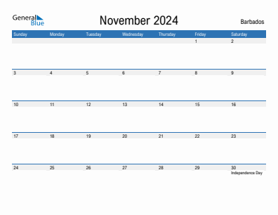 Current month calendar with Barbados holidays for November 2024