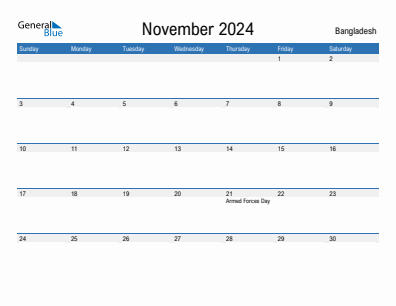 Current month calendar with Bangladesh holidays for November 2024