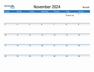 Current month calendar with Burundi holidays for November 2024