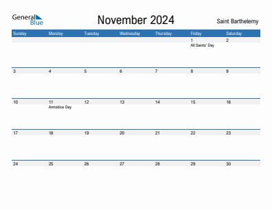 Current month calendar with Saint Barthelemy holidays for November 2024