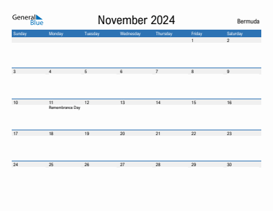 Current month calendar with Bermuda holidays for November 2024