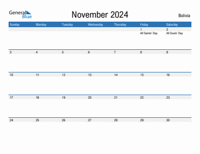 Current month calendar with Bolivia holidays for November 2024